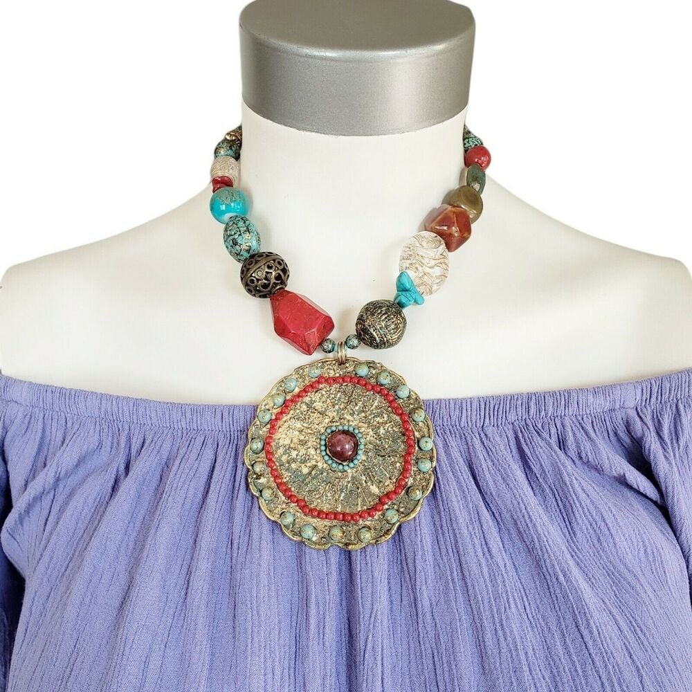 TRESKA beaded bead medallion bohemian boho tribal statement choker necklace NEW